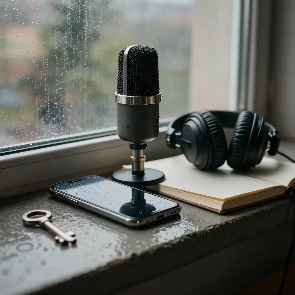 Nasses Newsroom-Kit mit Mikrofon, Handy, Kopfhörern und Notizbuch am Berliner Morgen.