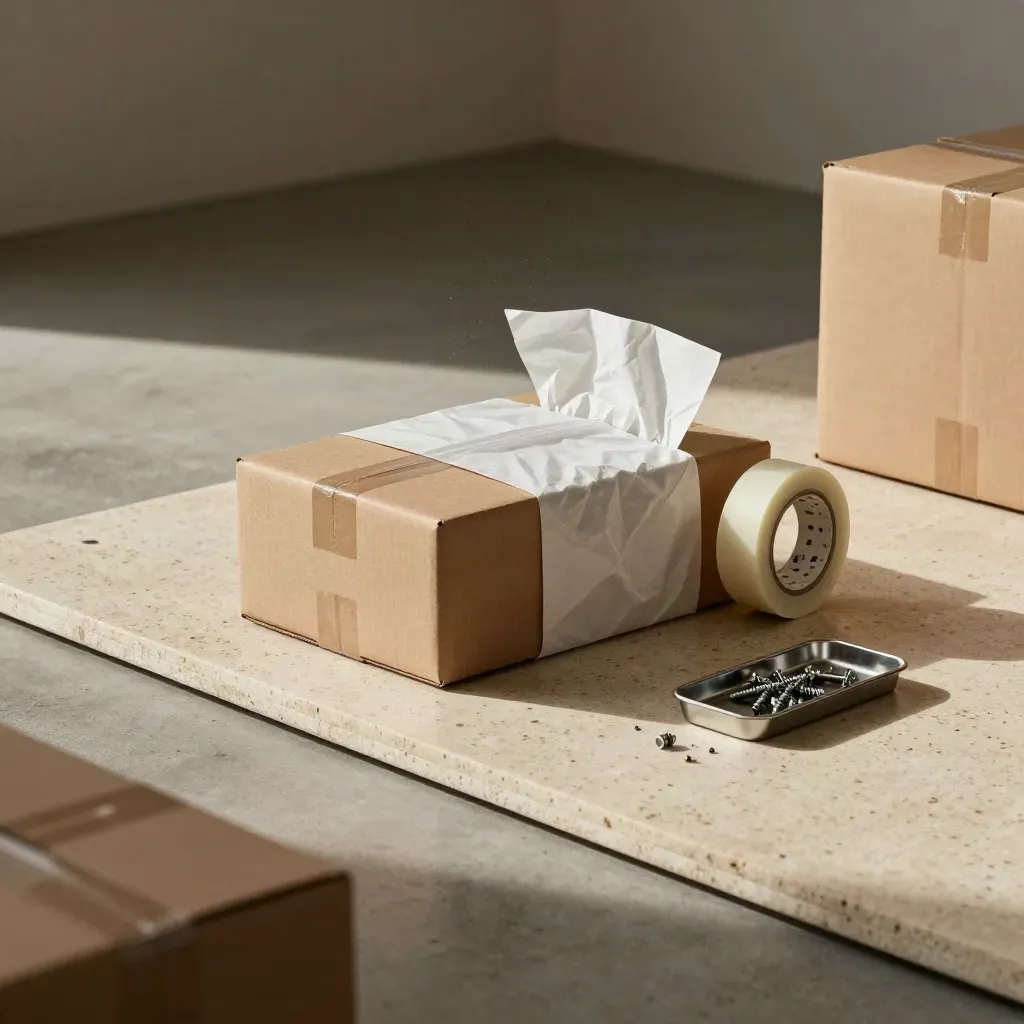 Versiegelte Versandkartons, ein in Seidenpapier gewickelter Prototyp und Packmaterial auf Stein.