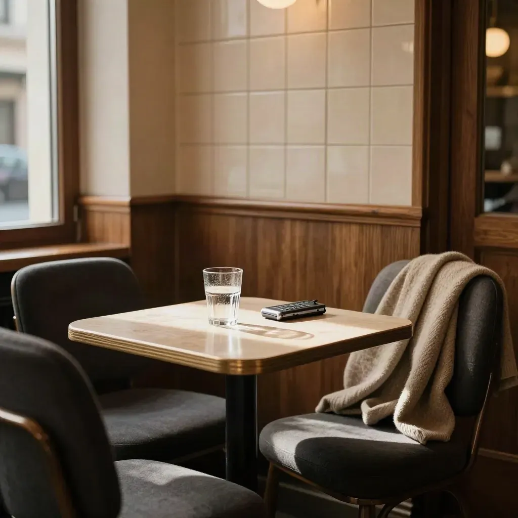 Leere Café-Booth mit zwei Stühlen, Wasser, Diktiergerät und lässig drapierter Strickjacke.