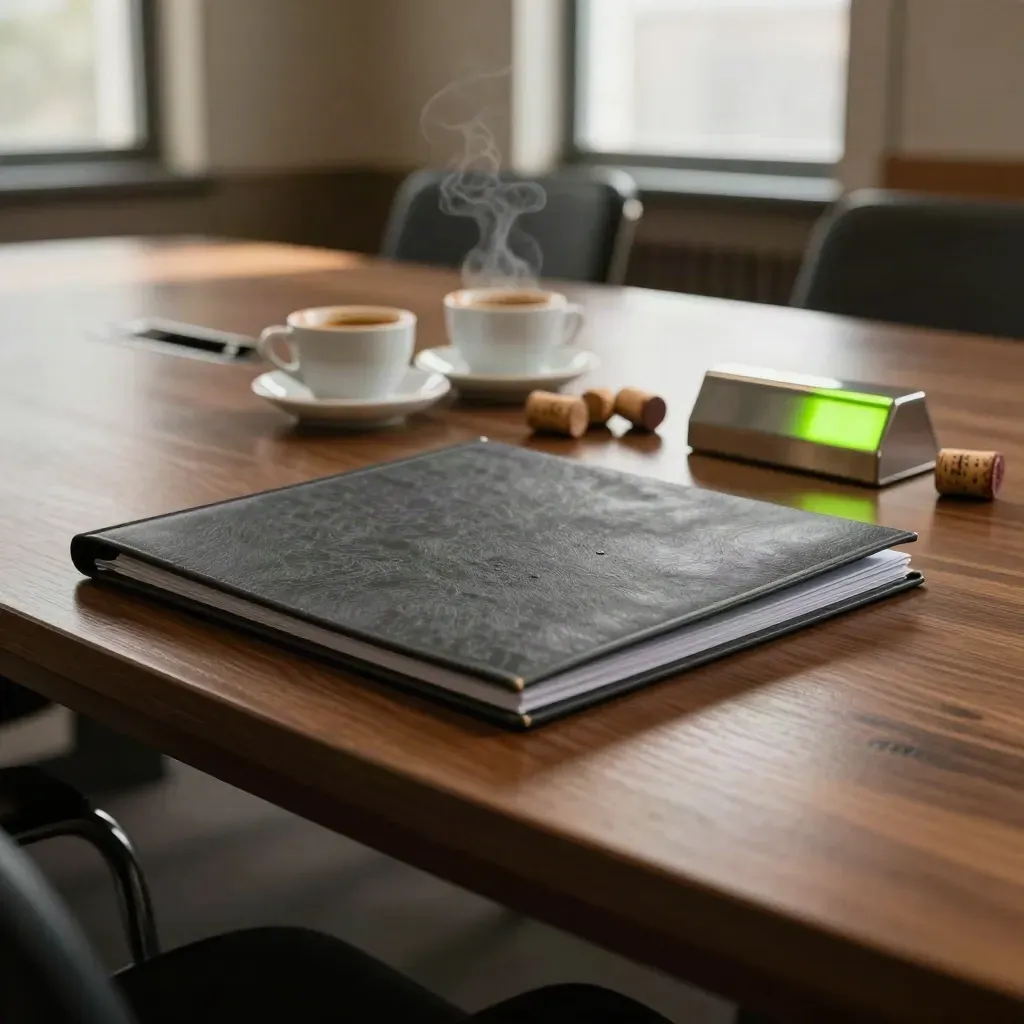 Investorentisch mit geschlossenem Cap-Table-Ordner, Espressotassen, Korken und Papiergewicht.