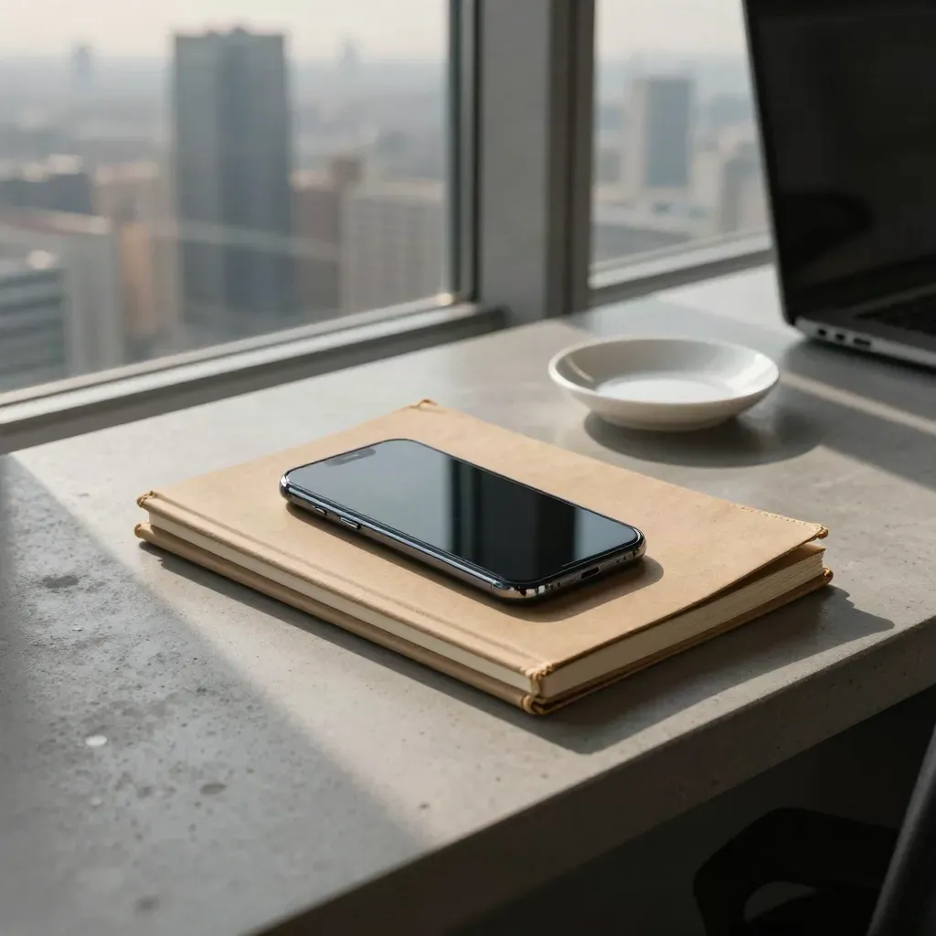 Von oben: Funding-Desk mit Smartphone, Markt-Notizbüchern und Stadtreflexion im kühlen Morgenlicht.