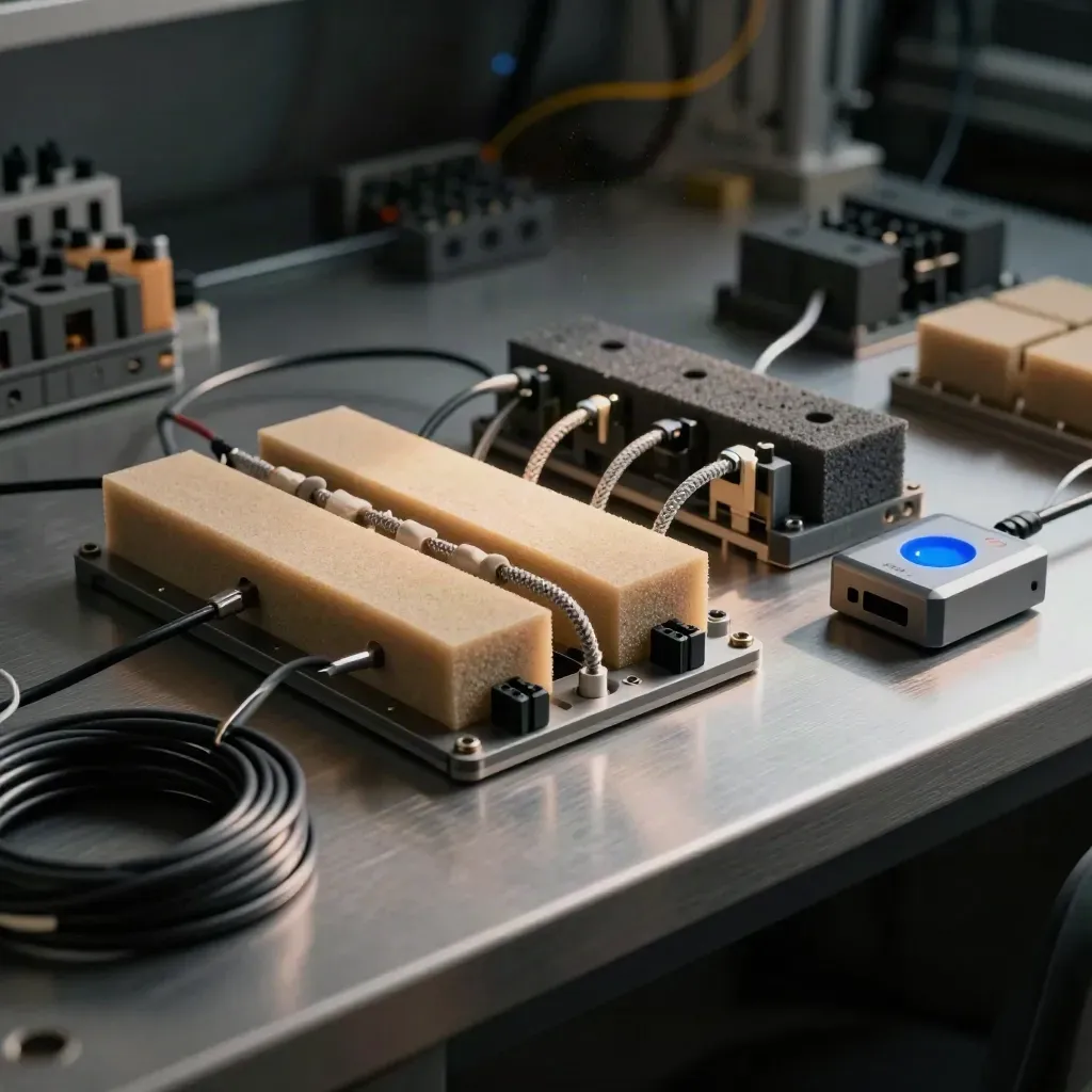 Modulare No-Code-Prototyping-Station mit Kabeln und Testgerät im dramatischen Licht.