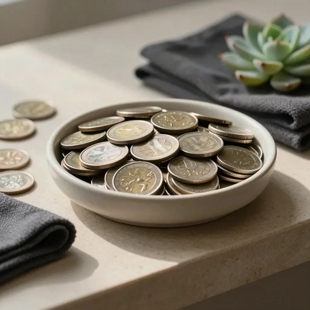 Münzstapel in Keramikschale mit Tuch und Sukkulente auf Steinsockel, von oben fotografiert