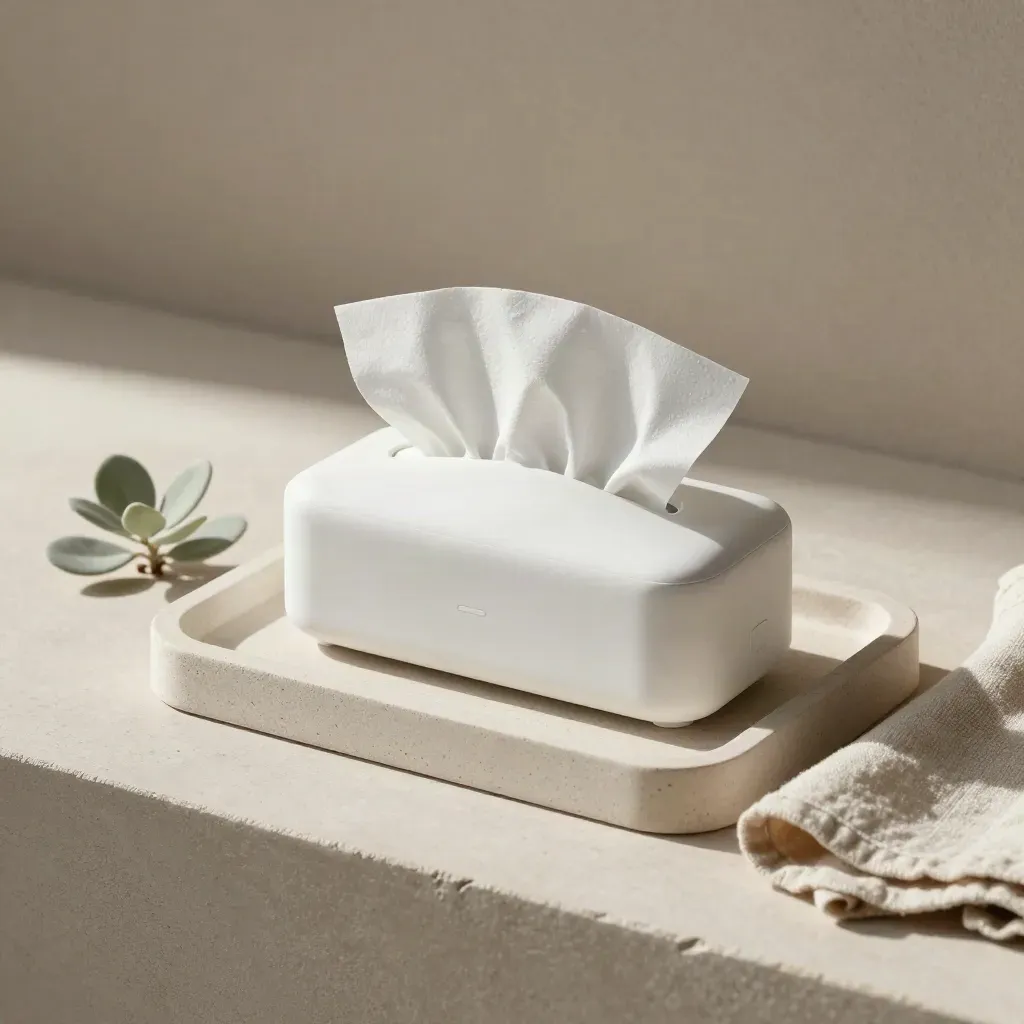 Mattes Prototyp-Device in Tissue, daneben Pflanze und Leinentuch auf hellem Stein.
